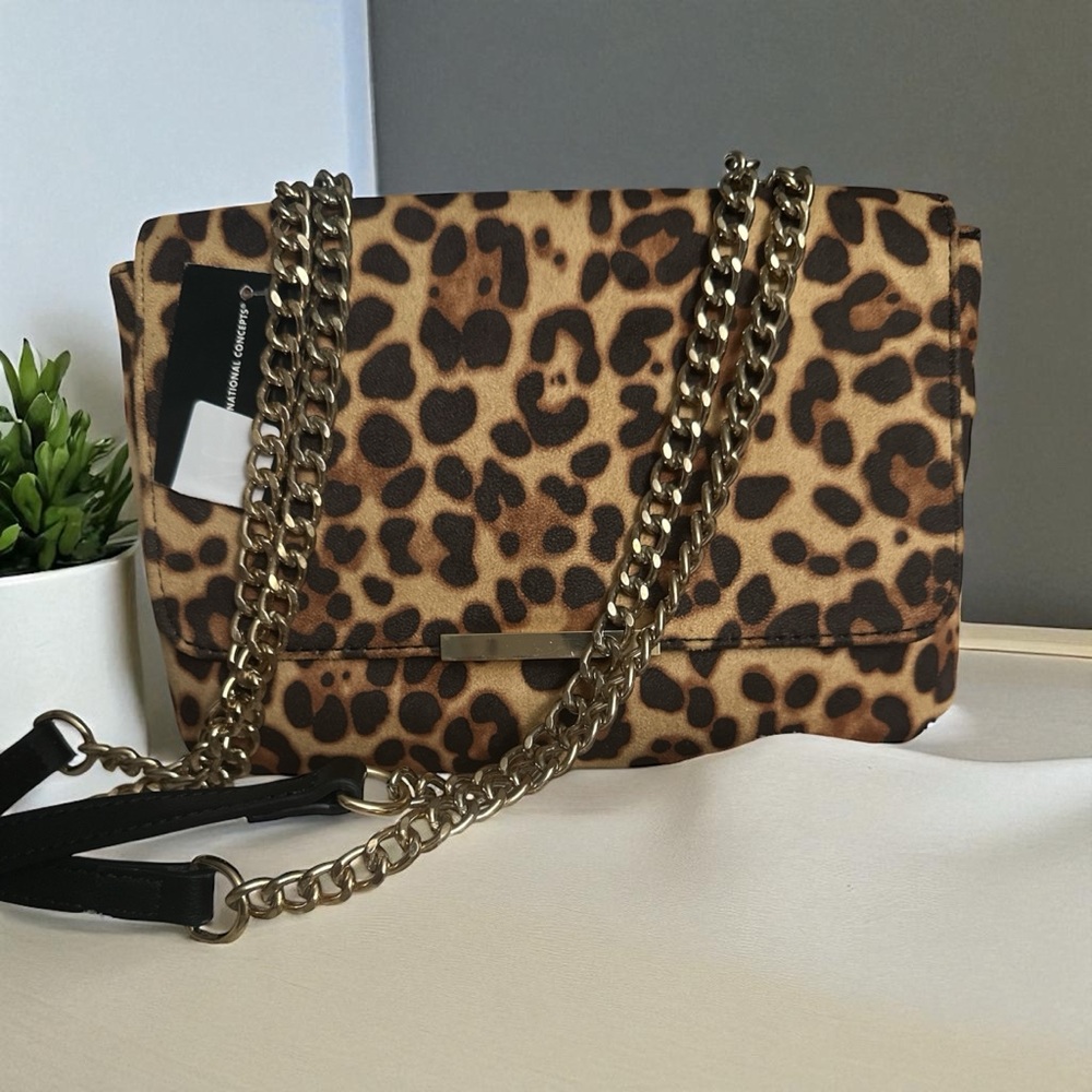 INC INTERNATIONAL CONCEPTS Luci Double Envelope Crossbody Black Leopard Gold NWT